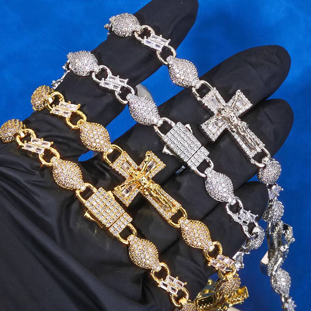 NUOYA 925 Silver Baguette VVS Moissanite Iced Out Hip Hop Necklace Infinity Cross Jesus Cuban Link Chain Fine Jewelry