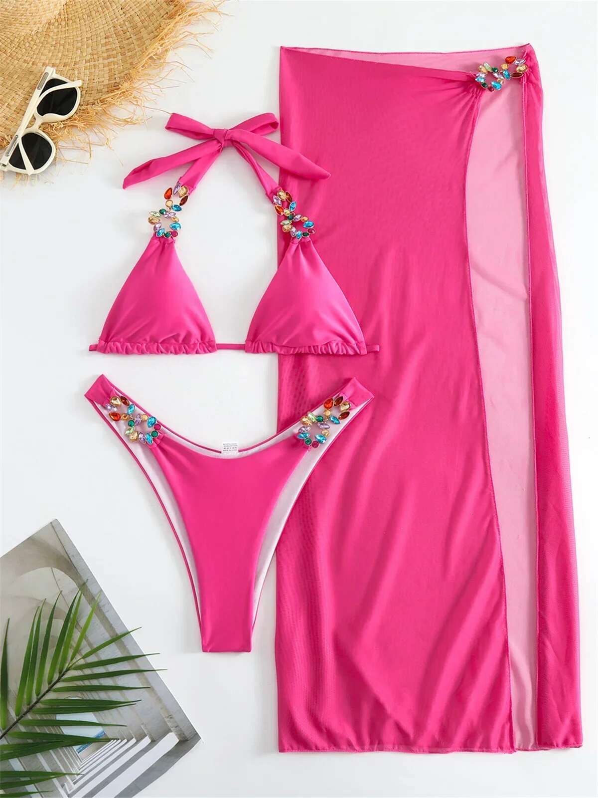 Dongdumaoyi Luxury Rhinestone Bikini Set Women Yellow Diamond Push Up Mesh Skirt Piece Swimsuit Beach Bathing Suit Cover Swimwear