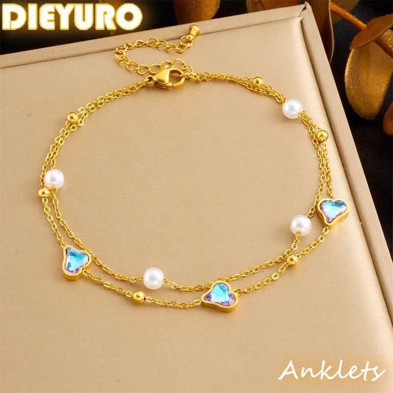 DIEYURO 316L Stainless Steel Colorful Heart Love Pearl DoubleLayer Anklet For Women Fashion New Foot Chain Jewelry Holiday Gift Z250408