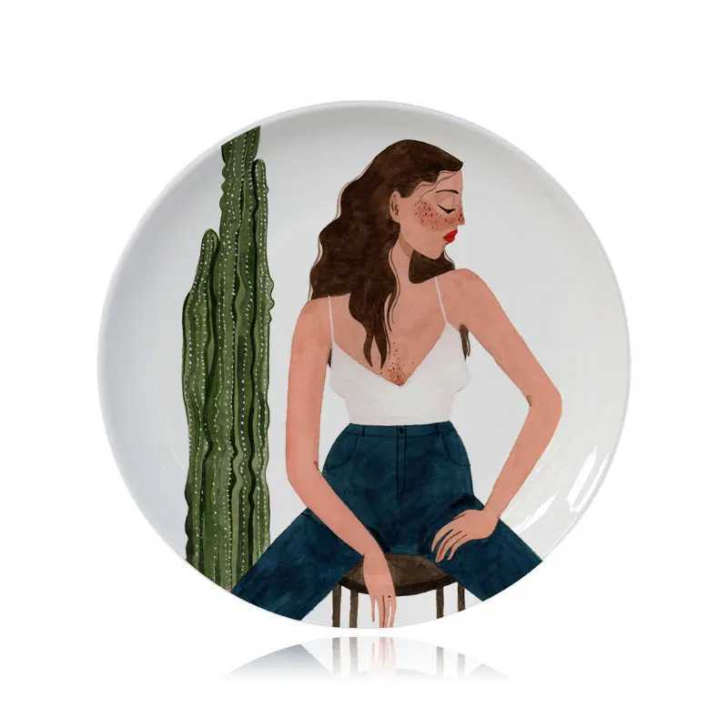 Female Art Printing Board Creative Plant Enthusiast Gift Decorative Plate Ceramic Round Girl Drawing Illustration Tray Swinging Board X250408