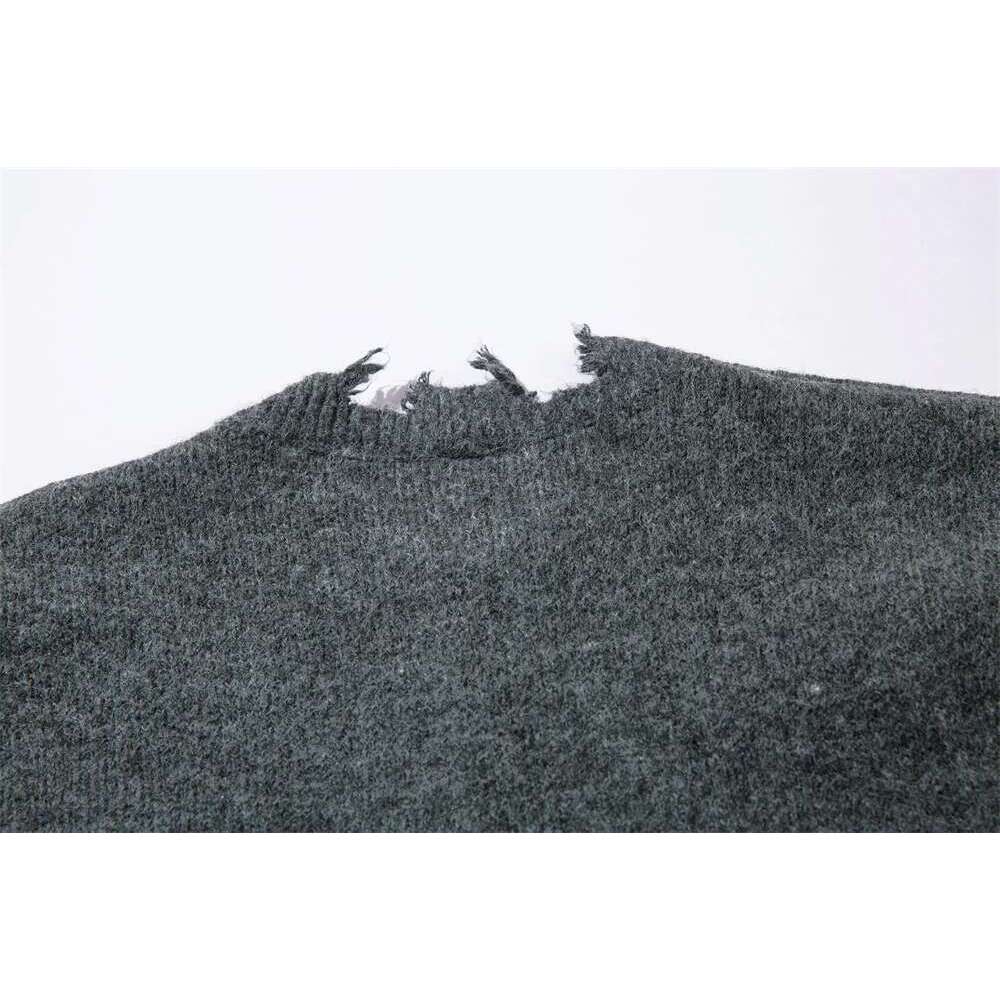 Raw Edge Knitted Sweater Mens Half Zipper Autumn Winter Loose High Street Long Sleeve Pullover Men