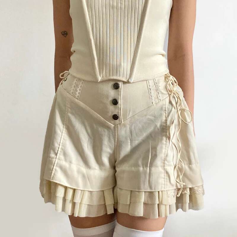 IAMHOTTY Sweet Mesh Tiered Ruffle Skirts Khaki Wide Form Side Bandage Cute Hot Pants Lolita Style Soft Girls Shorts Y2k