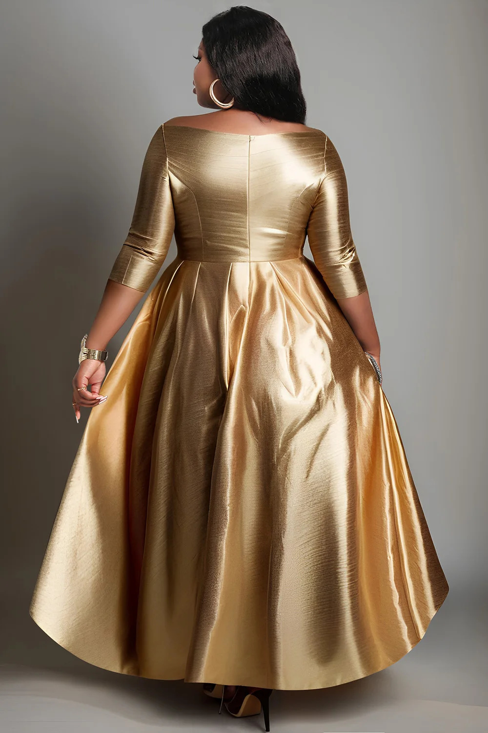 Large Cocktail Party Gold Shoulders 34 Sleeves Asymmetric Hem Sparkling Long Dress 250401