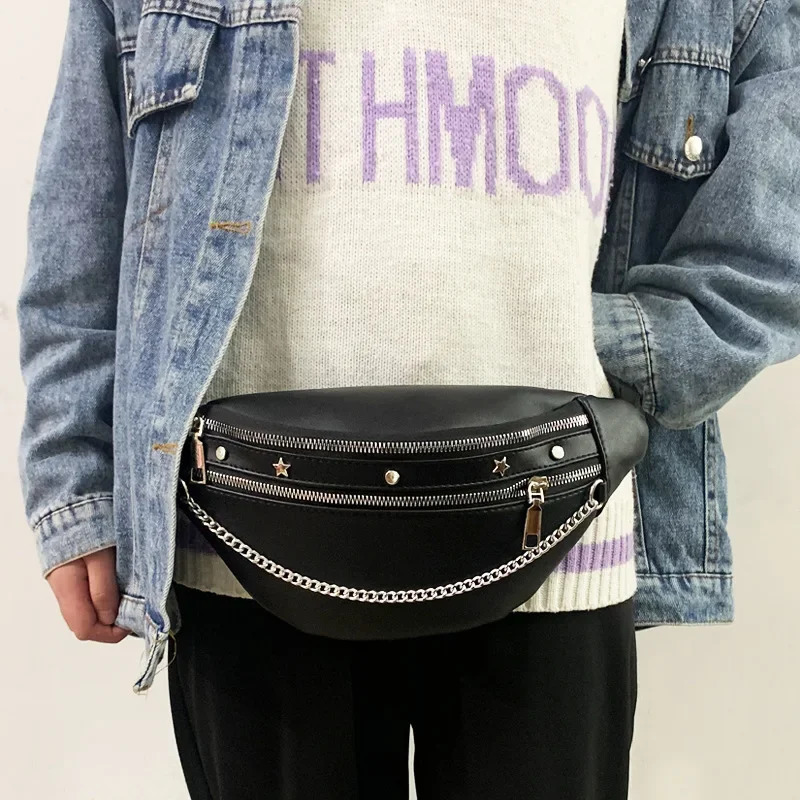 Punk Style Womens Waist Bag PU Leather Black Chest Bag Chain Banana Fun Bag Womens Waist Bag 1 Piece 250402
