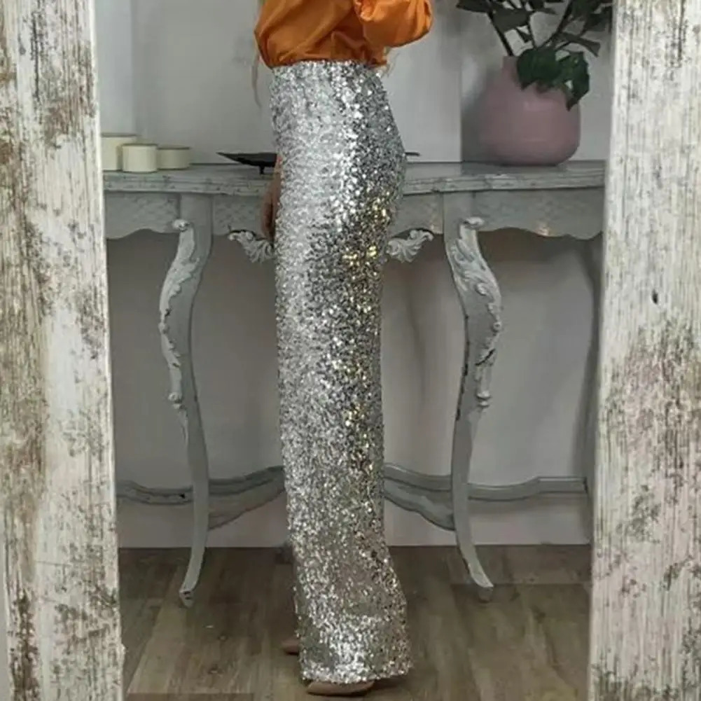 Elegant solid color pants sequins high waisted Flared pants ultra-thin fit suitable for women shiny Trousers solid color elastic streetwear 250402