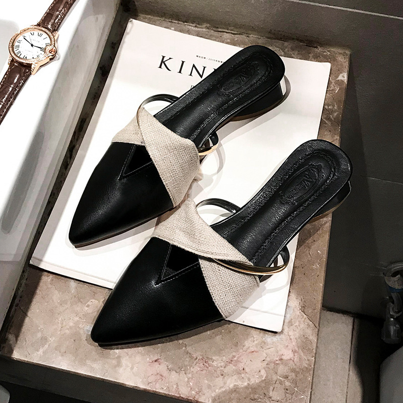 2025 Lazy person Muller sandals New style trendy online celebrity mid-heel thick heel pointed toe half slippers for women to wear outdoors in summer n