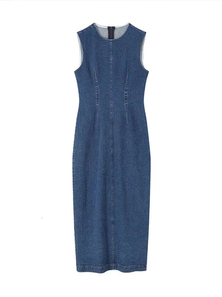 2025 Summer New Women's Skinny Fit Denim Dress Elegant O-Neck Sleeveless Waist-Cinching Midi Dresses Trendy Casual Streetwear