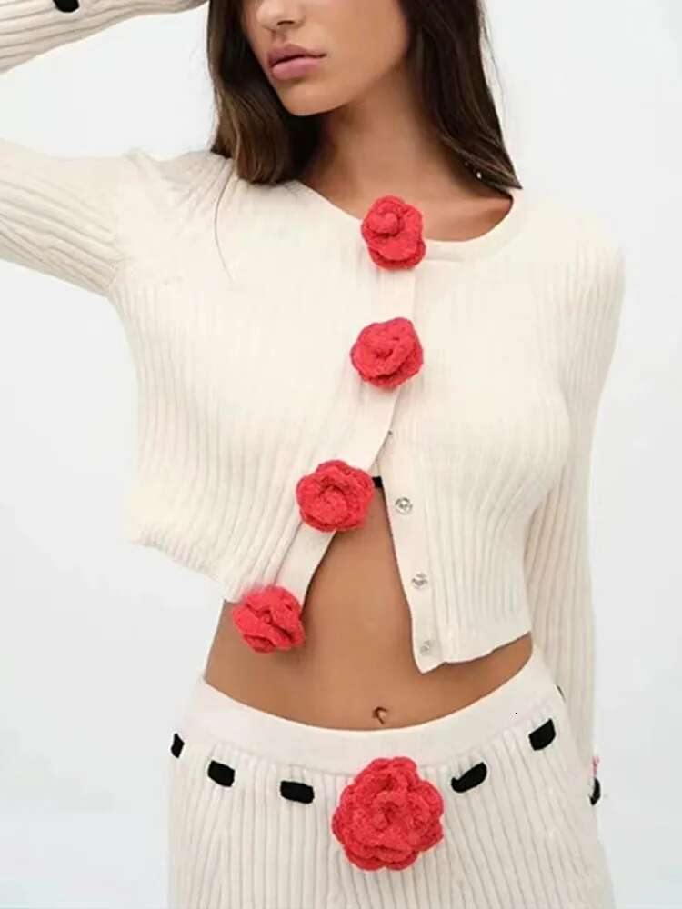 2025 Spring Women Knit Set Three-Dimensional Rose Long Flared Sleeve Sweater Cardigan Or Elastic Waist Ultra Short Skirt Suit