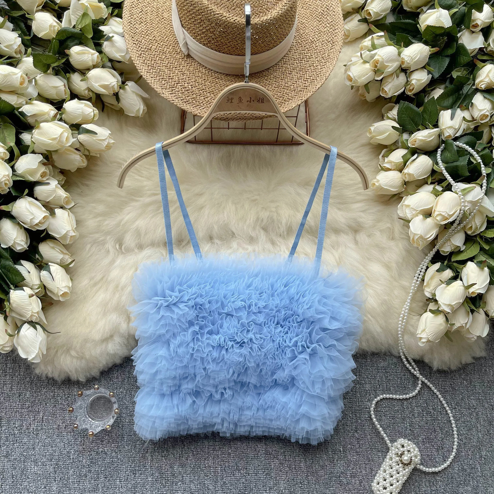 Chic Mesh Floral Off Shoulder Straps Camis Korean Fashion Slim Tank Top Sexy Vacation sweet Crop Top Women Summer Clothing 250407