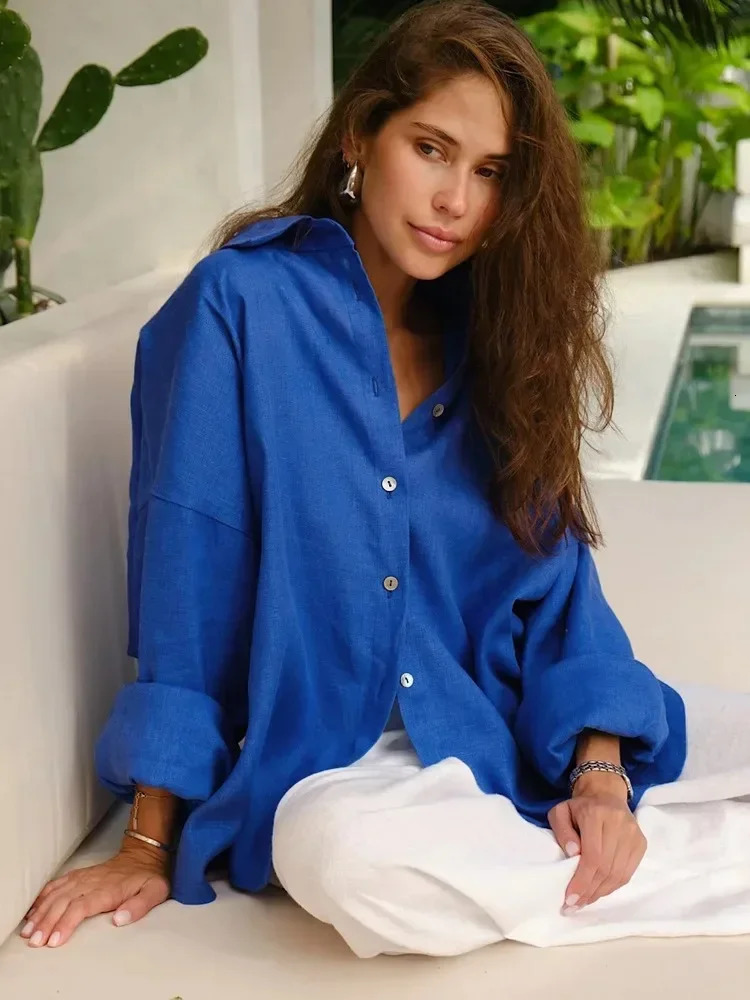 Summer Womens Linen Shirts Long Sleeve White Lapel Casual Loose Women Shirt Tops Solid Fashion Cotton Linen Shirt for Women 250408
