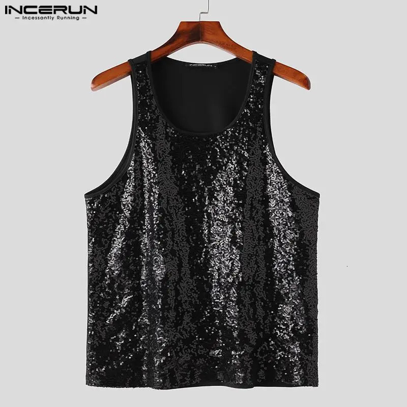 INCERUN Mens Tank Top Sparkling O-Neck Sleeveless Casual Mens Street Dress Summer Fashion Party Mens Wear 250402