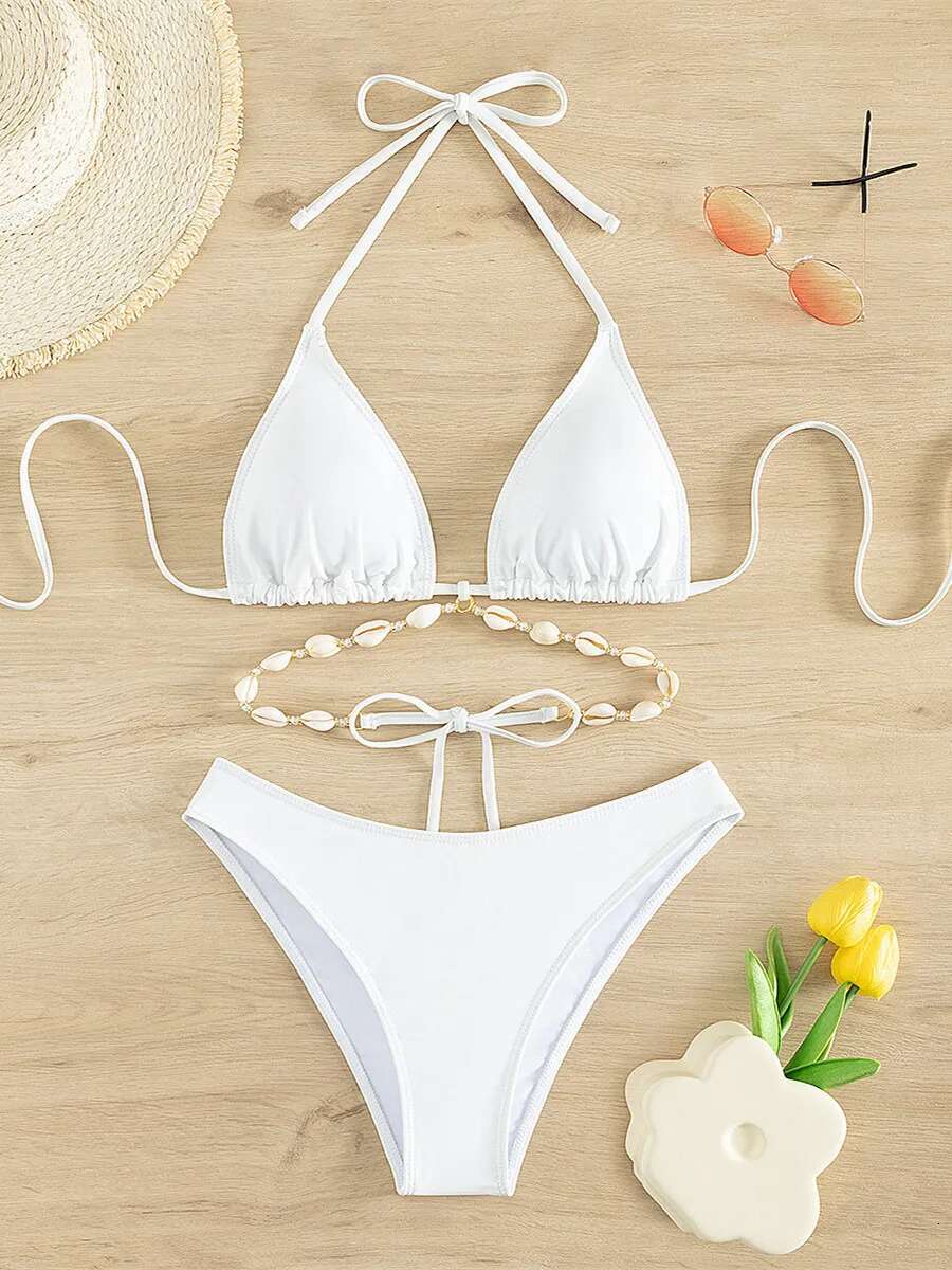 Dongdumaoyi Sexy High Waist Bikini Set Decorated With Seashell Swimsuit Women Black White Criss Cross Push Up Bathing Suit Swimwear