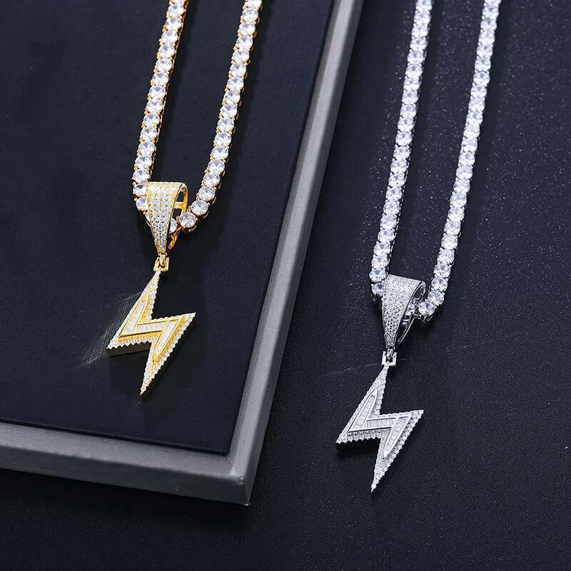D Color Moissanite Lighing Pendant Necklace Sterg Sier Baguette Stone Men Bg Hip Hop Jewelry Gifts