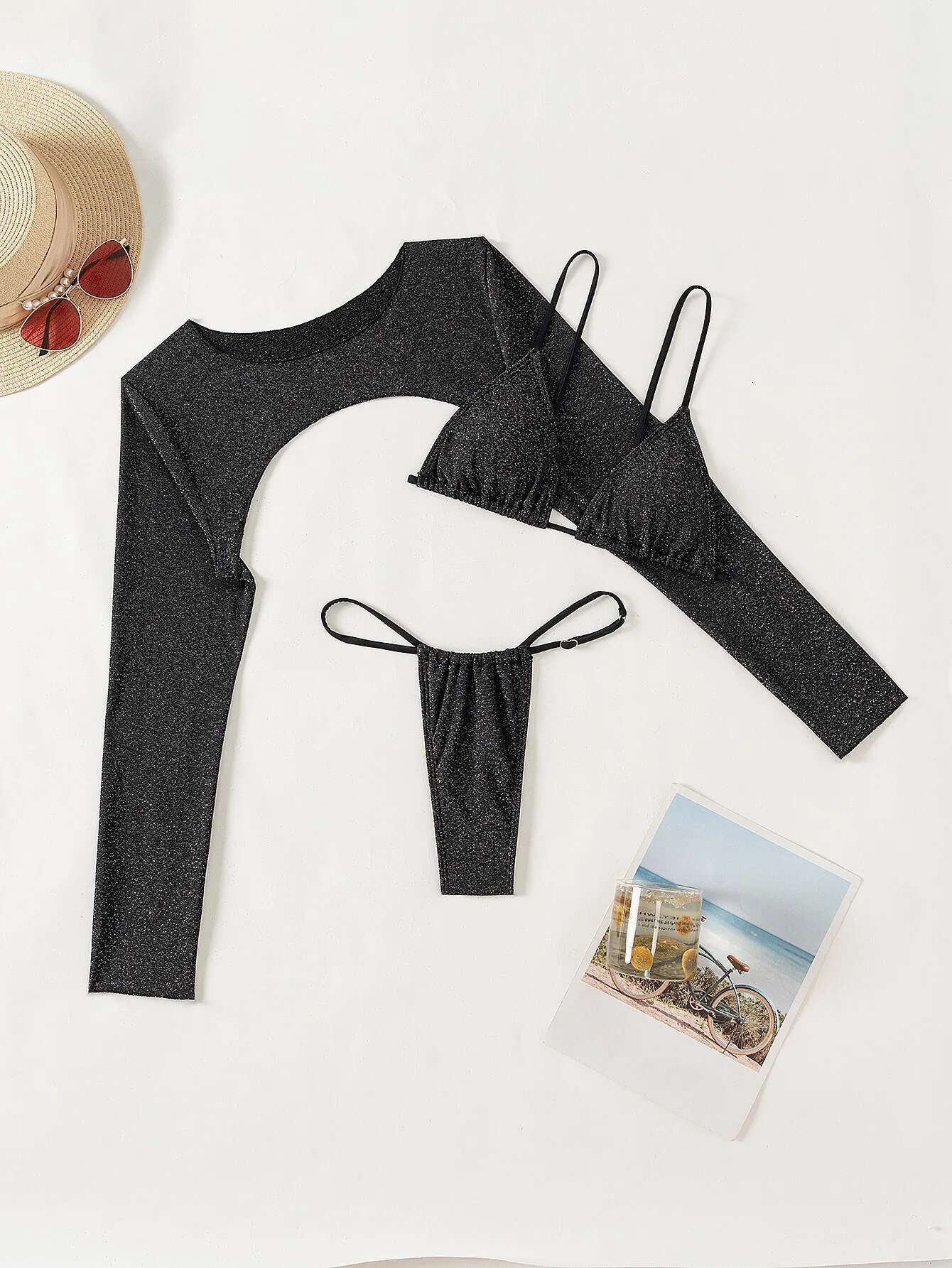 Dongdumaoyi Women S Three Piece Swimsuit Long Sleeved Mesh Jacket Sexy Bikini Low Waist Thong Swimwear Summer Beach Backless Bathing Suit