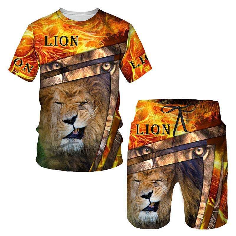 New European and American set with 3D digital printed animal images, short sleeved shorts, men's beach sports pants, new casual versatile fashion