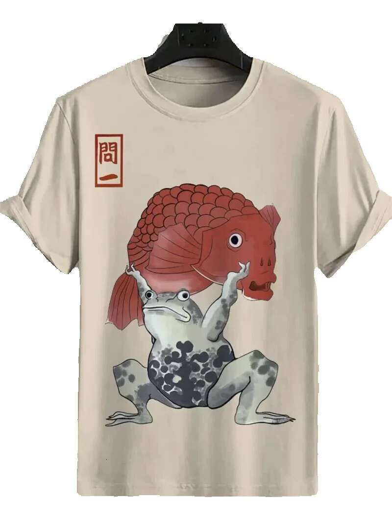 Japanese Ukiyo-E pattern men's animal wave 3D sun print casual short sleeved outdoor T-shirt oversized O-neck top