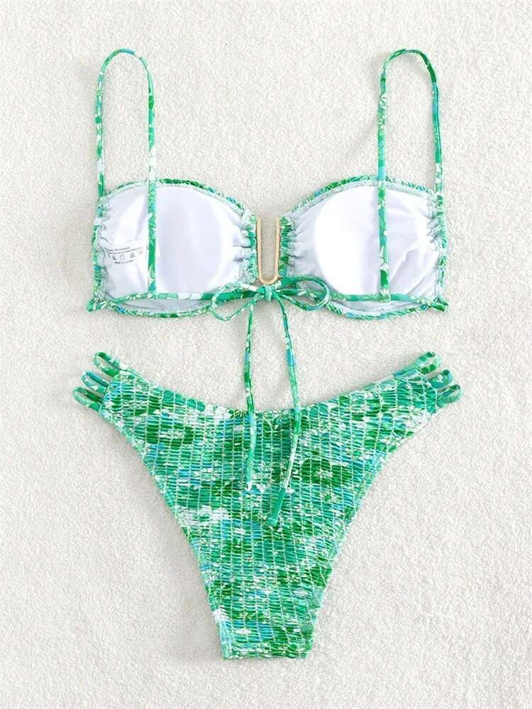 Dongdumaoyi Sexy Pleate Micro Bikini Women U Neck Push Up Orange Floral Print Swimsuit Summer Bathing Suit Lace Thong Swimwear