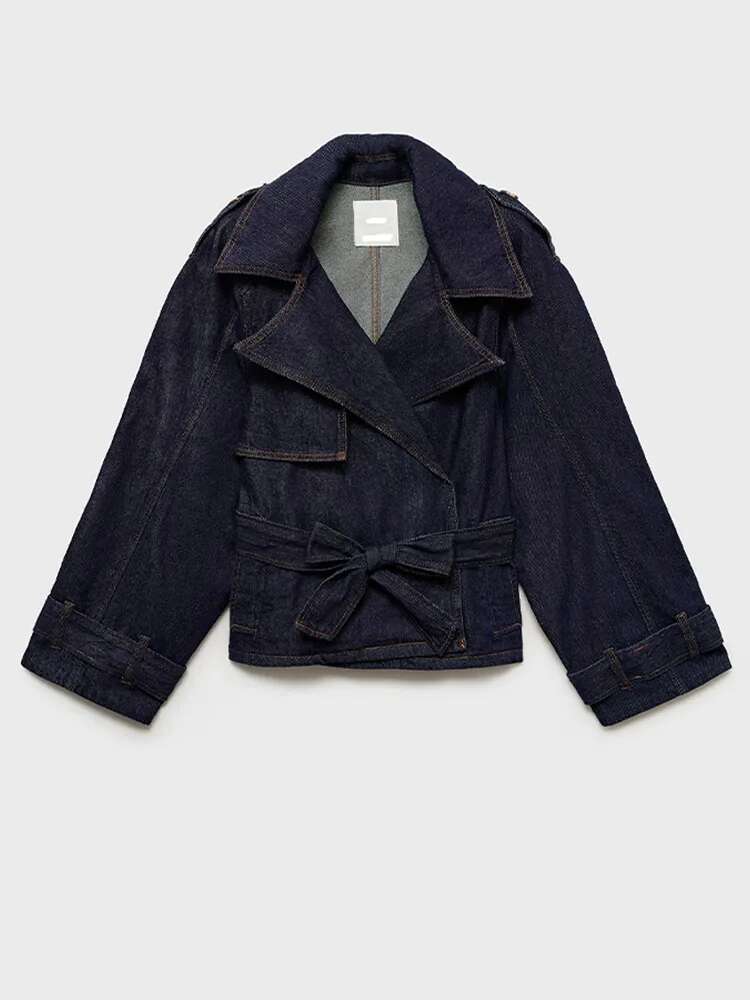 Women's Denim Pants Set Long Sleeve Jacket With Belt Matching High Waist Straight Leg Jeans Spring New Casual Daily Outfits