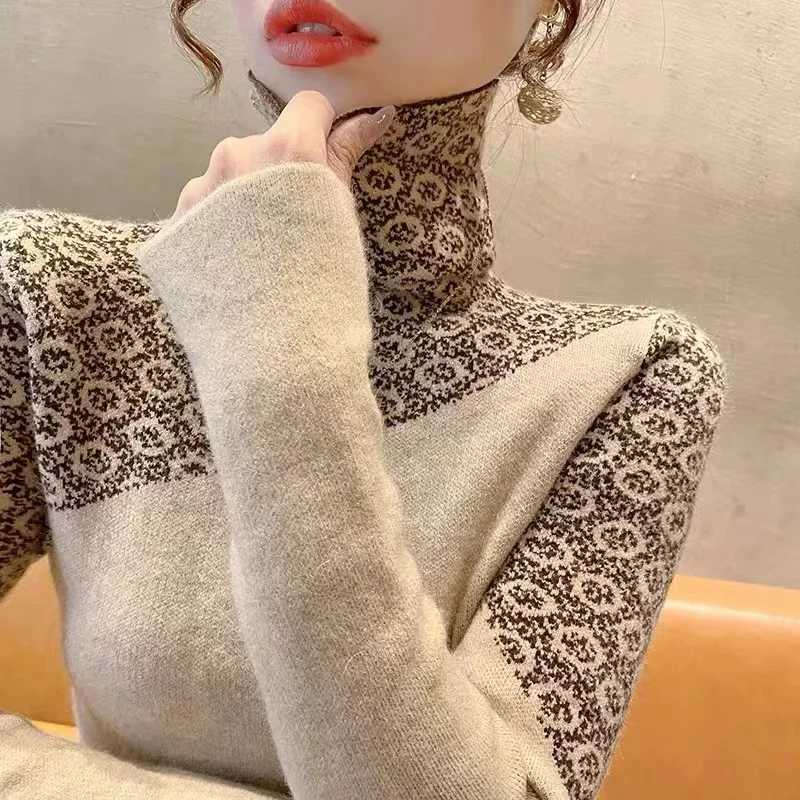Autumn Winter New Patchwork Turtleneck Knit Sweaters Women Clothing Elegant Fashion Slim Long Sleeve Pullovers Office Lady Tops C251110
