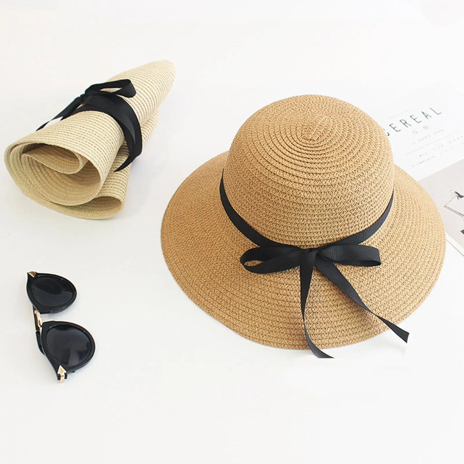 Summer straw hat wide brown foldable beach sun soft cushion UV protective womens outdoor travel 250326