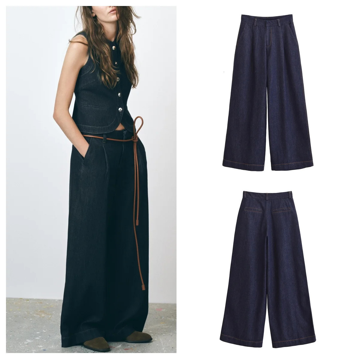 European and American style high waist wide leg jeans womens fashionable casual pants 250407
