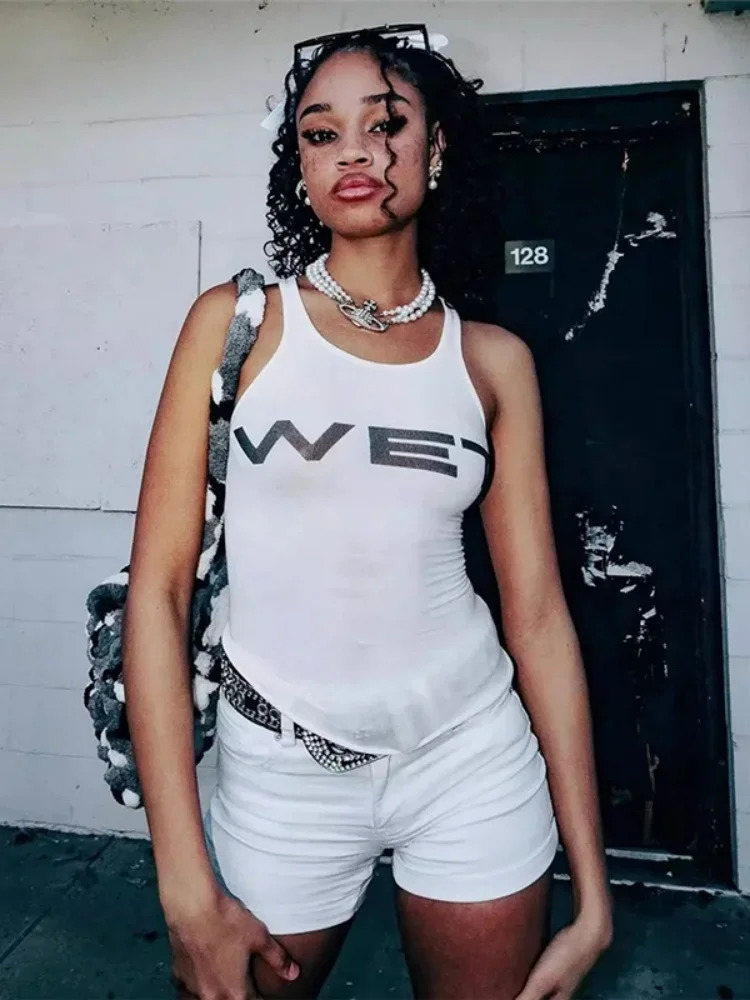 White Crop Top Women Streetwear Letters Printing Y2k Clothes Sleeveless Ropa De Mujer Transparent Camison Verano Rave Outfit 250407