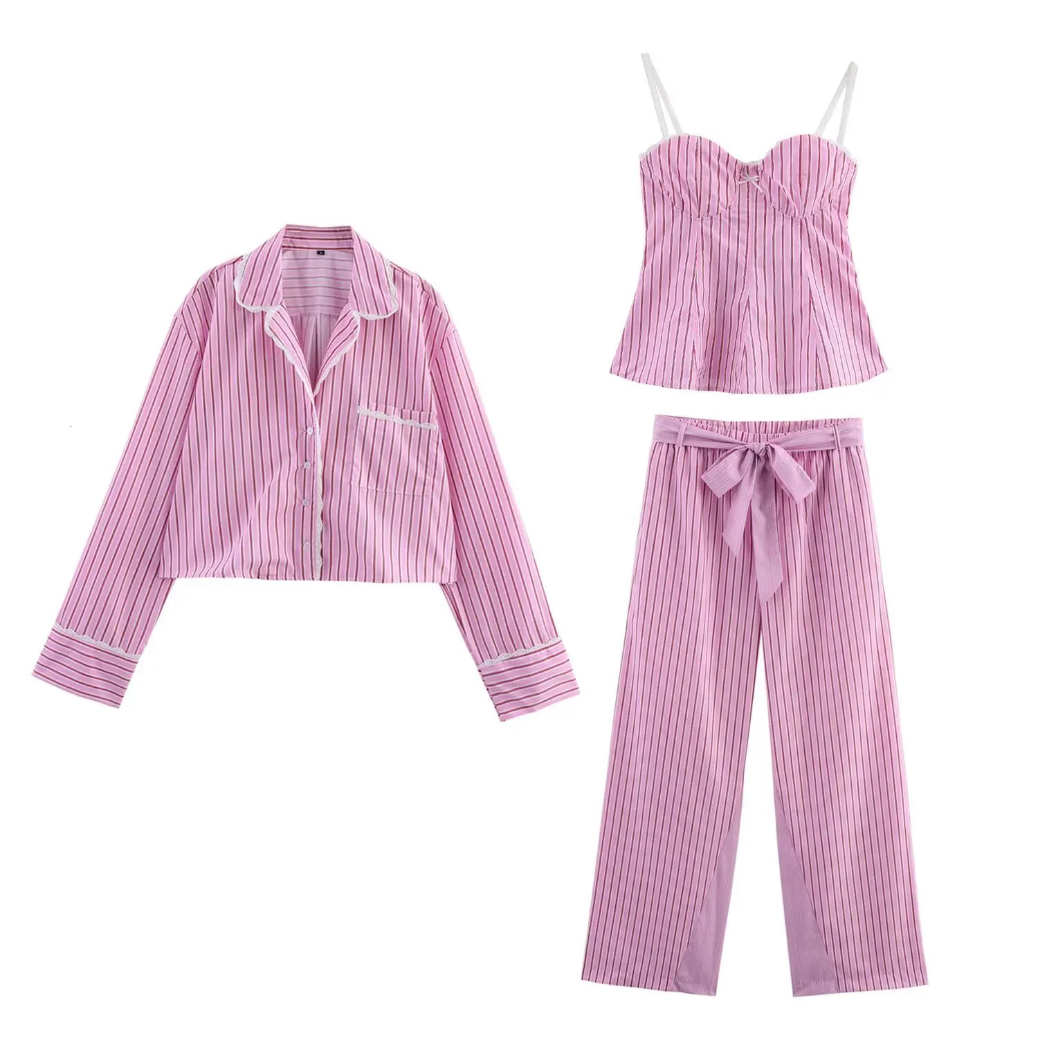 TRAF Women 2025 Spring Fashion Lazy Style Striped Lace Stitching Shirt Chic Suspender Belt with Wide Leg Pants suit Mujer 250408