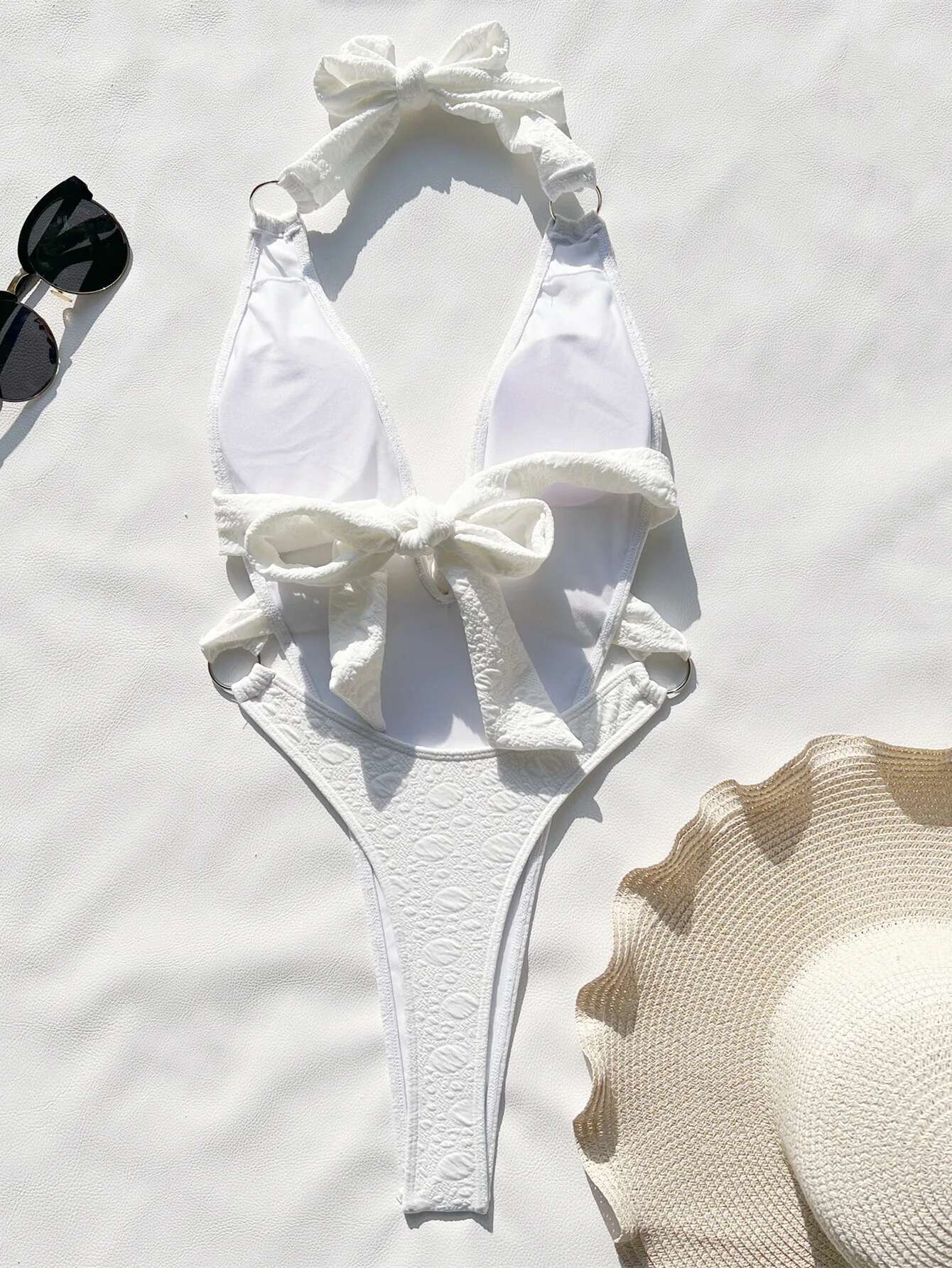 Dongdumaoyi Sexy White One Piece Swimsuit Women Deep V Neck Hollow Out Backless Thong Bikini Wrap Around Belt Bathing Suit Swimwear