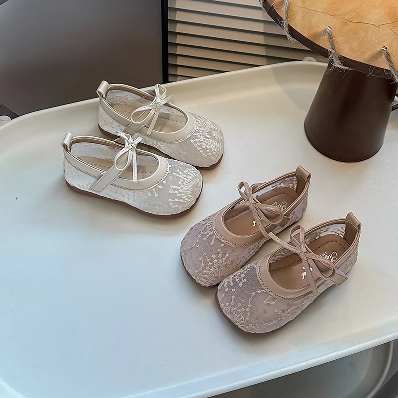 Summer Girls Sandals Net Fabric Beathable Embroidery Kids Princess Shoes Pink Beige Cover Toe Leisure Stylish Children Shoe 250407