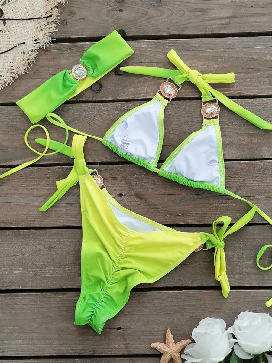 Dongdumaoyi Luxury Bikini Women Neon Green Gradient Rhinestones Push Up Micro Swimsuit Beach Bathing Suit Diamond Band Piece Swimwear