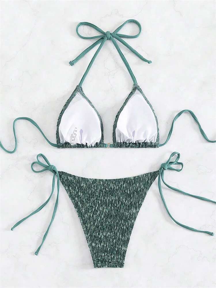 Dongdumaoyi Sexy Green Piece Bikinis Sets Women Halter Metal Stap Push Up Swimsuit Summer Lace Beach Bathing Suit Thong Swimwear