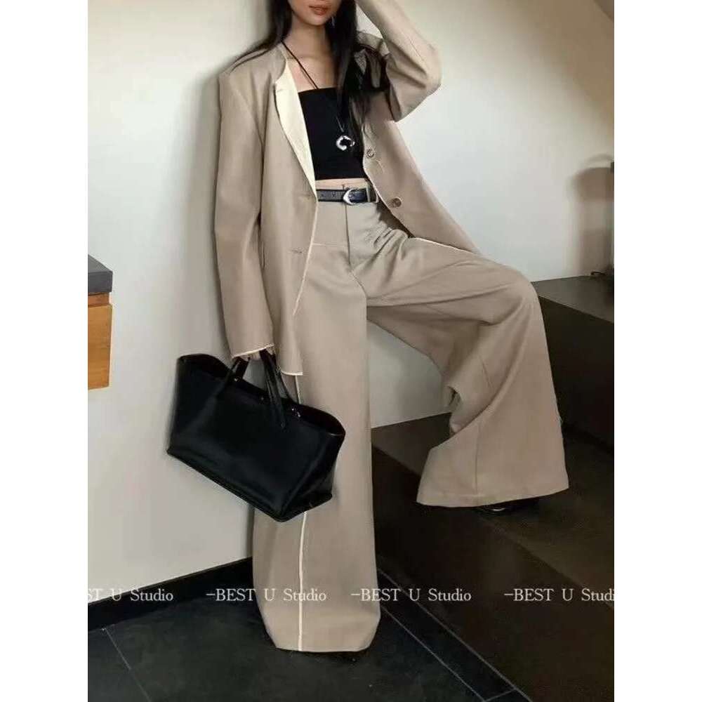 BJTZ 2025 Women's Solid Color Design Lapel Do Old Retro Suit High Quality Loose Straight Pants Two-Piece Set