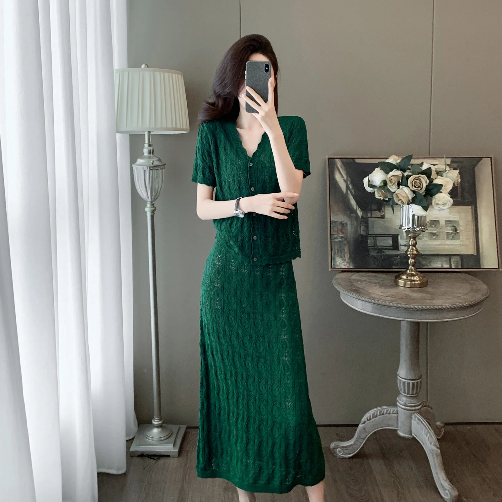 Elegant retro knitted long skirt womens hollow button top Maxi dress summer crochet womens 2-piece set 250401