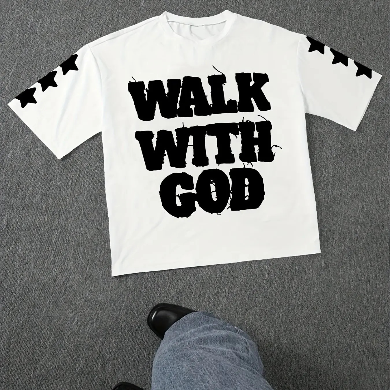 Summer Mens Black Walking with God Pattern Tshirt Casual Short Sleeve White Letter Printed Starry Sky n 250331