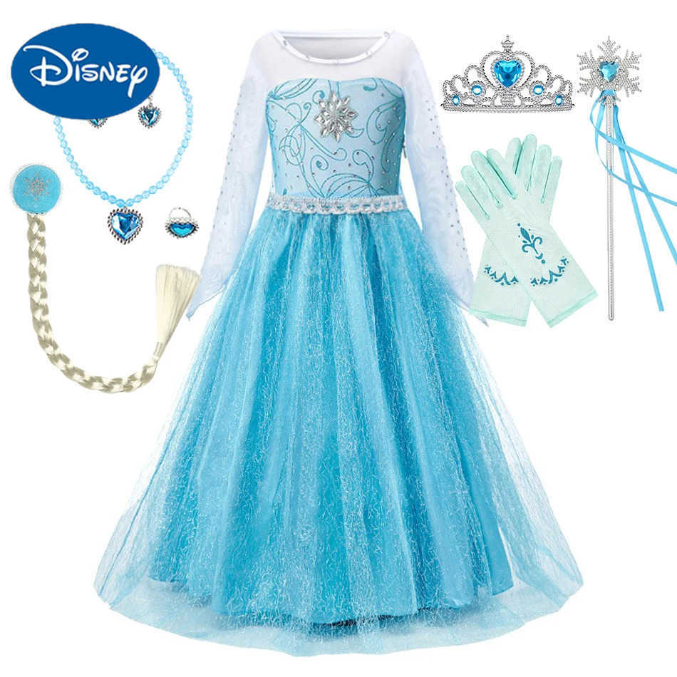 Disney Elsa costume girls long sleeved blue chiffon princess dress childrens Halloween carnival party costume childrens role-playing Pageant dress X25