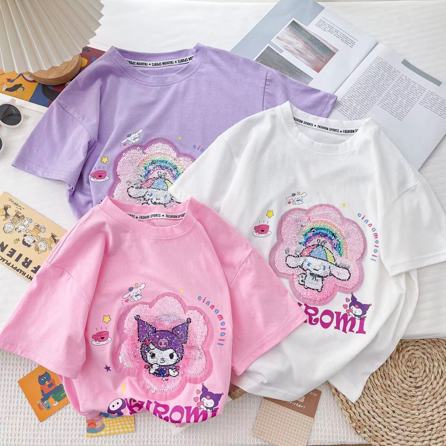 Ddmyshoesvip Short Sleeved Korean T Shirt Summer New Yugui Dog Color Change Kuromi Glitter Girls Internet Celebrity Top