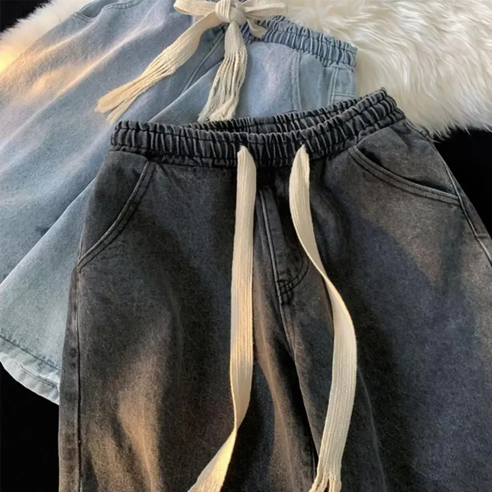 Elastic Waist Denim Trousers Mens Elastic Drawstring Denim Shorts with Pockets Casual Summer Beach Shorts Quick-drying for Men 250407