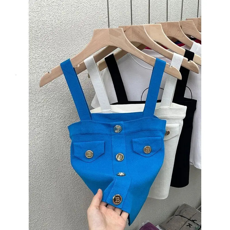 Trend Sexy Knitting Sling Tank Top Female Summer Interior Lapping Fashion Buttons Solid Color Sleeveless Camisole Womens Tops 250407