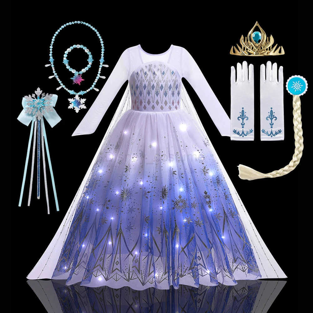 Disney 2PCS LED Light Up Snow Queen Costume for Kids Girl Elsa Birthday Party Luxury Princess Cosplay Children Carnival Clothing Outfit X250408