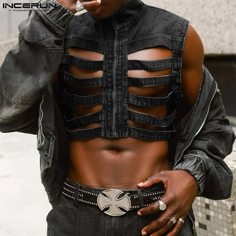 Mens Tank Top Hollow External Zipper Bracket Collar Sleeveless Mens Tank Top Solid Street Clothing Fashion Casual Mens Clothing INCERUN 250403