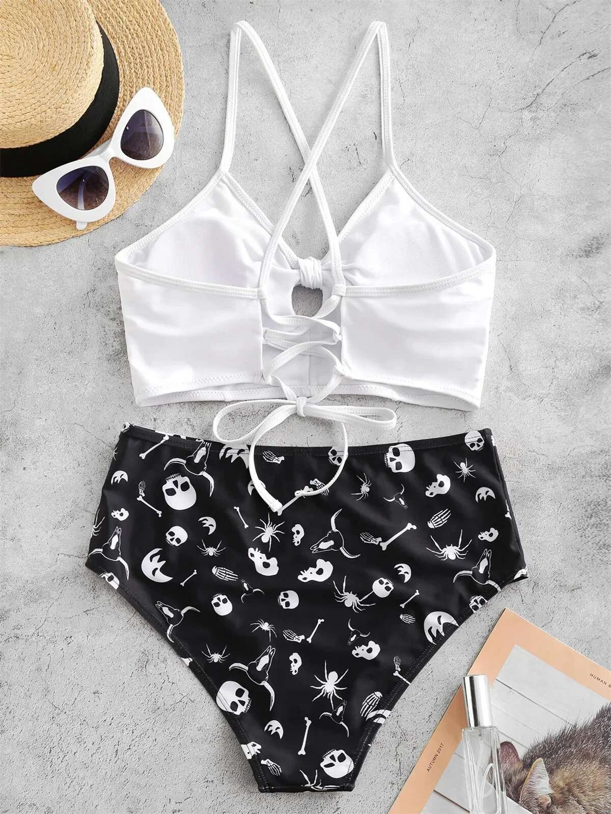 Dongdumaoyi Sexy Front Bow Bikini Set Mujer Women Cut Out Push Up Skull Print Piece Swimsuit Summer Bathing High Waist Biquini