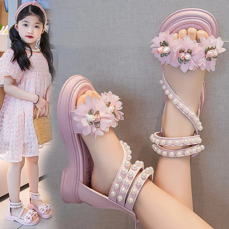2025 Cute Toddler Girl Sandals Big Kids Girl Summer Sandals Fashionable Pearl Simulated Flower Decorated Sandals Slipper 250408