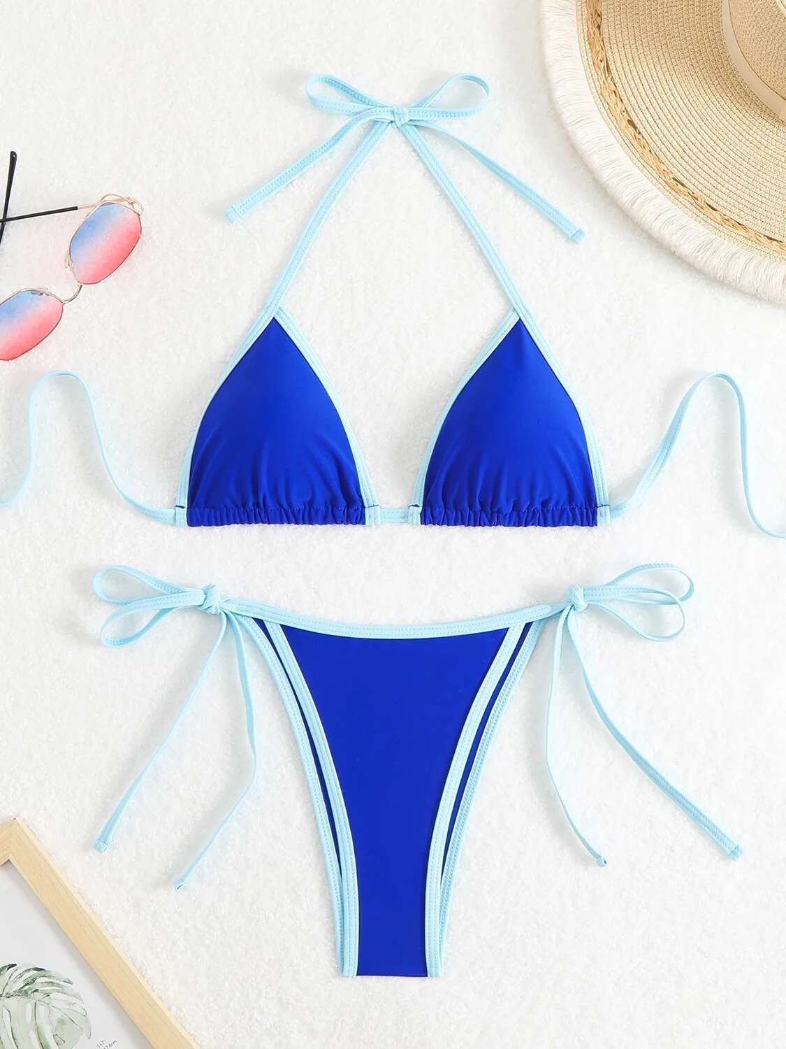 Dongdumaoyi Sexy Micro Bikini Women Pink Blue Contrast Push Up Tie Side Thong Swimsuit Brazilian Beach Bandage Bathing Suit Swimwear