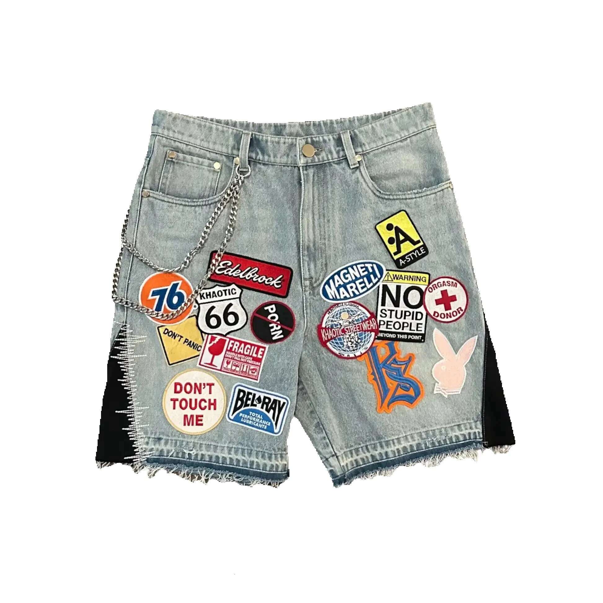 Y2K jeans, men's and women's hip-hop cartoon pattern street clothing, patchwork denim short, retro blue loose denim, Fierss casual shorts