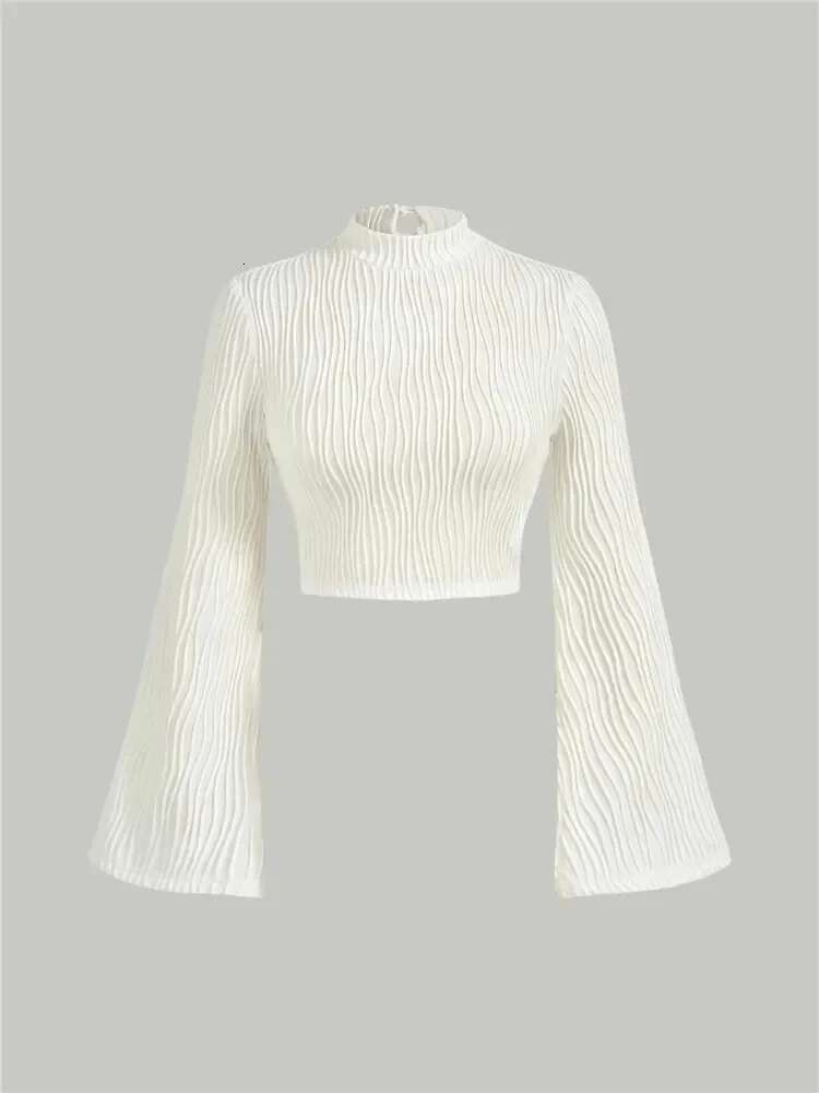 Casual Black Mock Neck Flare Long Sleeve Crop Top Women Fall Winter Y2k Clothes Solid Color Slim Fit Tee Shirt Blouse Streetwear