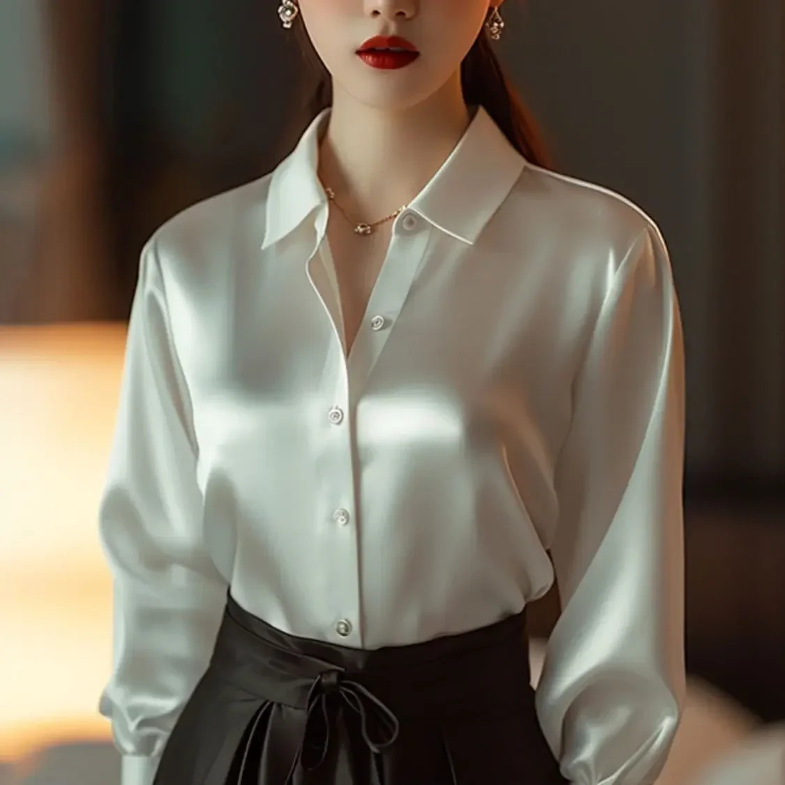 Summer and Autumn Silk Shirt Womens Retro Shirt Long Sleeve Button Office Shirt Womens T-shirt Womens Casual Shirt 250402