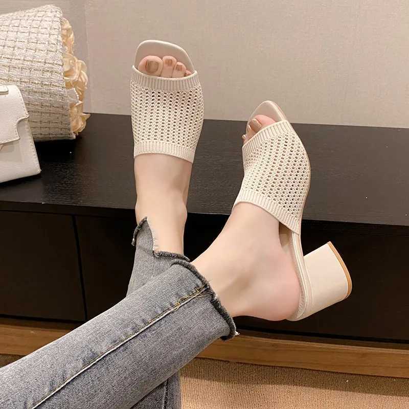 2024 New Hot Summer Womens Slippers Knitted Block Heel Sexy Square Foot Dress Party Shoes High Heels Casual Solid Color SandalsXJ250407