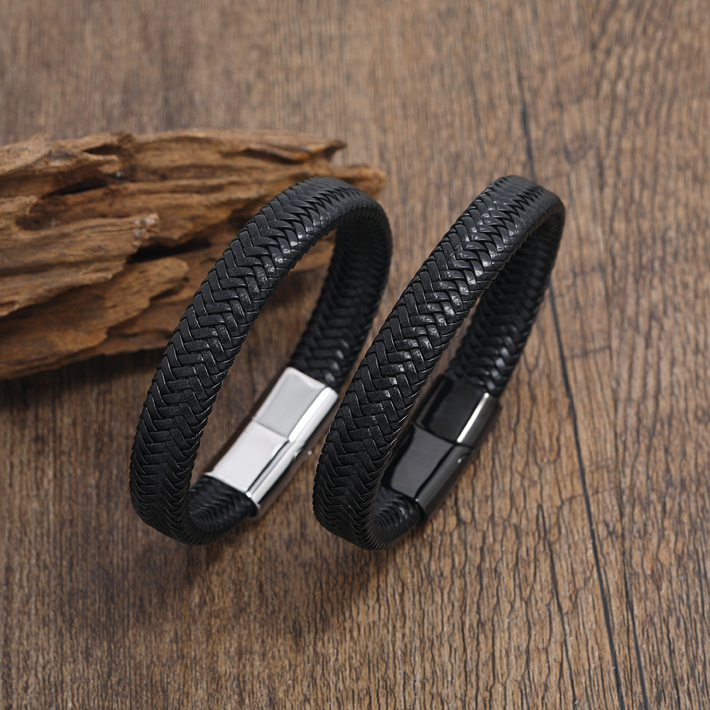 Stainless steel woven leather high-end black magnetic buckle bracelet, gift for friend boyfriend