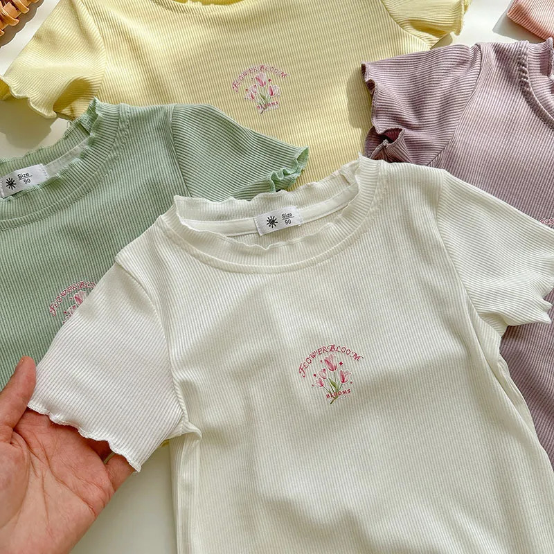 Summer Children Girls Ribbed Short Sleeve T-shirts Cotton Printed Sweet Kids Girls Tops Soft Thin Infant Babys Girls Tees 2-8Yrs 250408