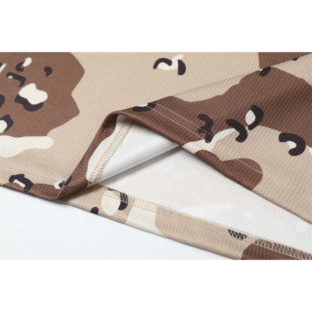 Camouflage Waffle Texture Long T-Shirt Mens Letter Print Spring High Street V-Neck Loose Raglan Sleeve Jersey Men